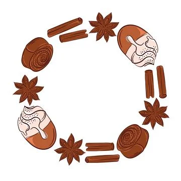 Circular wreath frame with flat style cinnamon roll, stick, coffee and star Stock Illustration