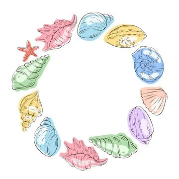 Circular wreath frame with flat style seashell, conch, nautilus, clam and Stock Illustration