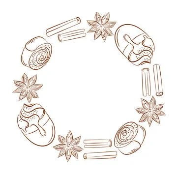 Circular wreath frame with hand drawn cinnamon roll, stick, coffee and star Stock Illustration