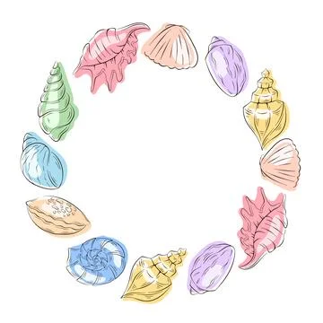 Circular wreath frame with seashell in flat style on white background with copy Stock Illustration