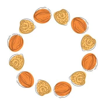 Circular wreath with walnut and kernel on a white background in a flat style. Stock Illustration