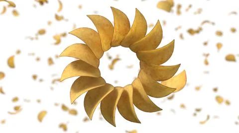 Circularly sorted crunchy potato chips. 3D illustration with white background Illustrazione stock