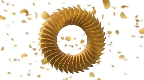 Circularly sorted crunchy potato chips. 3D illustration with white background Illustrazione stock