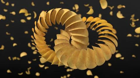 Circularly sorted crunchy potato chips. 3D illustration with black background Illustrazione stock