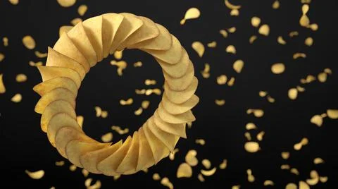Circularly sorted crunchy potato chips. 3D illustration with black background Stock Illustration