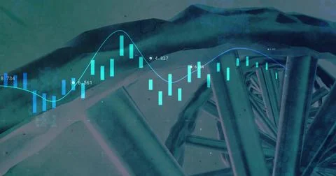 Circulating double-helix structure displaying financial data in teal space with Illustrazione stock