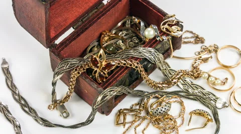 Circulating open Treasure Chest full of jewerly, close up rotation. Stock Footage 58957840