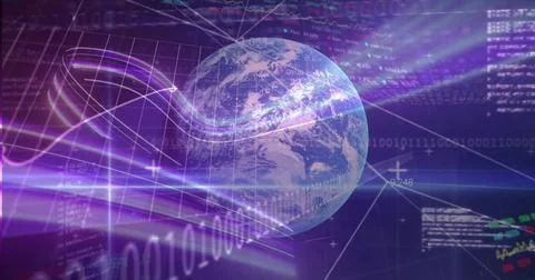 Circulating stylized Earth globe in virtual data space, showing binary digits 库存照片