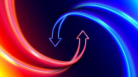 Circulation arrows in motion. Hot and cold. Futuristic 3D neon style. Two arrows Illustrazione stock