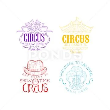 Circus and Mardi Gras logos set in different colors. Sketch vector emblems with Stock Illustration