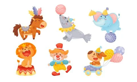Circus Animals with Elephant Balancing on the Ball and Clown Dancing Vector Set 스톡 일러스트