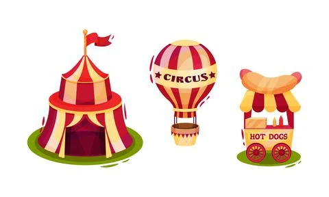 Circus Attribute with Striped Tent, Hot Air Balloon and Hot Dog Stall Vector Set Stock Illustration