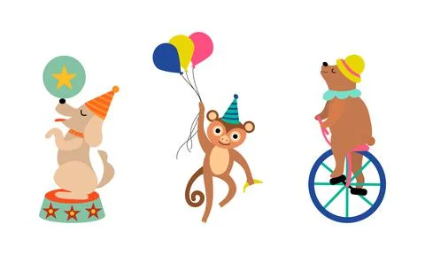 Circus Bear and Monkey Animal Performing Trick Riding Unicycle and Holding Bunch Stock Illustration