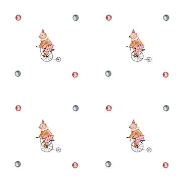 Circus bear pattern watercolor. Cute animal on a bicycle vintage hand drawing Stock Illustration