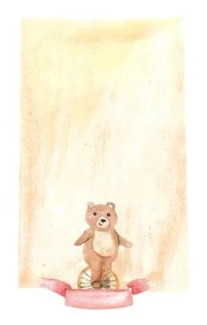 Circus bear watercolor background. Cute animal cycling on wheel . Stock Illustration