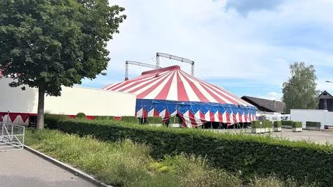 Circus Big Top Framed by a Tree with Entrance Barriers on a Fairground Stock Photos