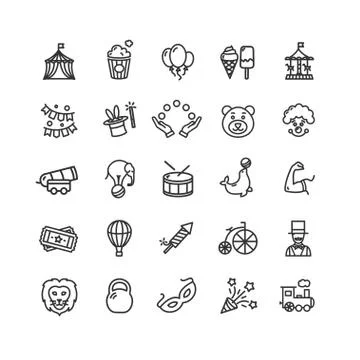Circus Black Thin Line Icon Set. Vector Illustrazione stock