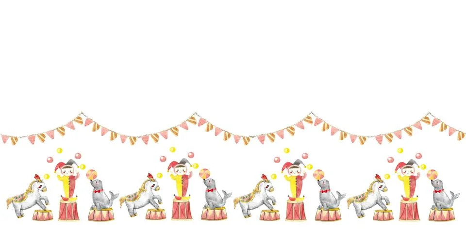 Circus border with animals and acrobat. Watercolor illustration. Seamless c.. Stock Illustration