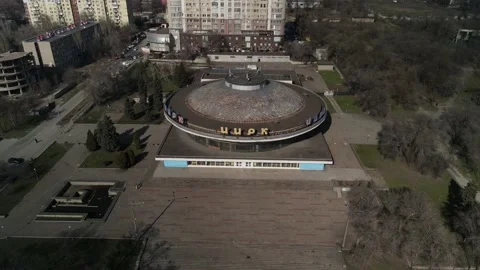 The circus building from the height of the flight, video from a drone, circus Stock Footage
