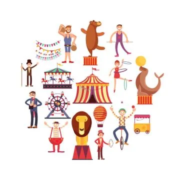Circus carnival flat vector icons in circle design Ilustración de archivo