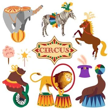 Circus chapito set. Vector characters of strongman, clown, juggler and magi.. Stock Illustration