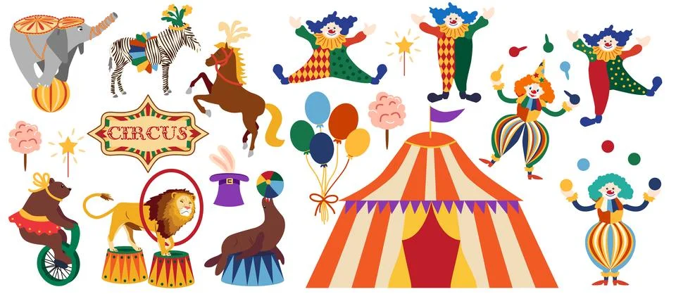 Circus chapito set. Vector characters of strongman, clown, juggler and magici Stock Illustration