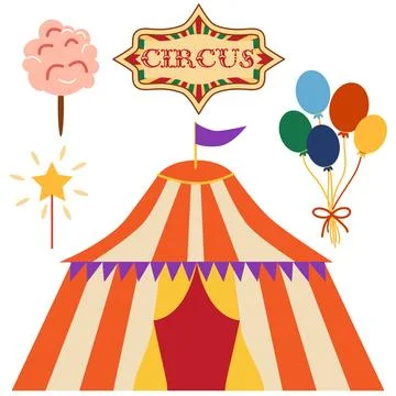 Circus chapito set. Vector characters of strongman, clown, juggler and magi.. Stock Illustration