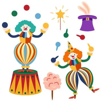 Circus chapito set. Vector characters of strongman, clown, juggler and magici Stock Illustration