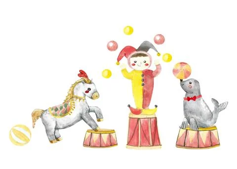 Circus characters set. Child acrobat, cute circus animals with drums. Stock Illustration