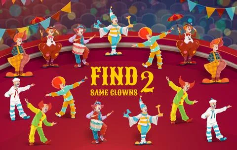 Circus clowns, find two same characters Illustrazione stock