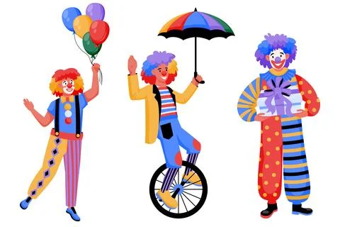 Circus clowns set. Vector illustration of jokers in carnival costumes. Amus.. 库存插图