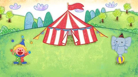 Circus clowns walking on ball throwing ball juggling oil crayon illustration Stock Illustration