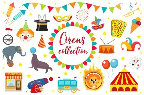 Circus Collection, flat, cartoon style. Set isolated on a white background... Stock Illustration