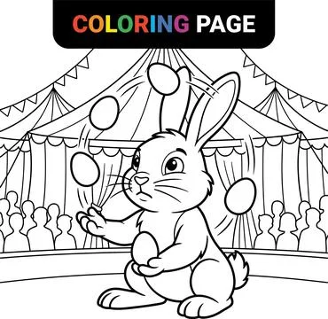 Circus Coloring Page Featuring a Juggling Bunny Rabbit. Stock Illustration