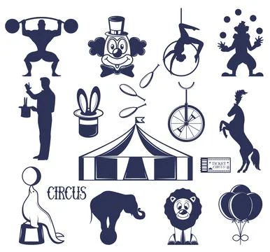 Circus design element black-and-white silhouette isolated set Illustrazione stock