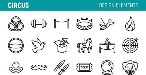 Circus Design Elements Outline Icons Set. Stock Illustration