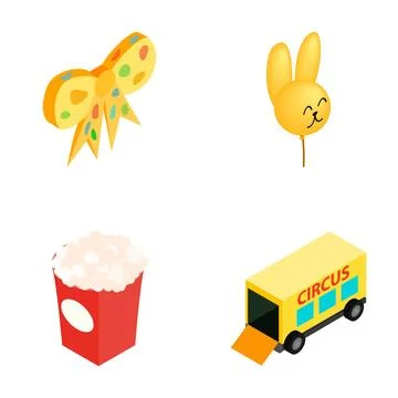 Circus entertainment elements with bow, balloon, popcorn, truck Illustrazione stock