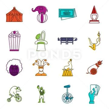Circus entertainment icons doodle set Stock Illustration