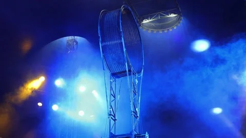 Circus equipment with colorful spotlights. Rays of light in the circus arena Stock Footage 310320529