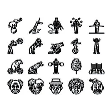 Circus event performing acrobatics and animal acts icons Illustrazione stock