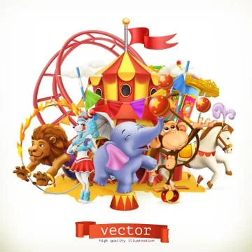 Circus, funny animals. Elephant, monkey, lion, horse. 3d vector Stock Illustration