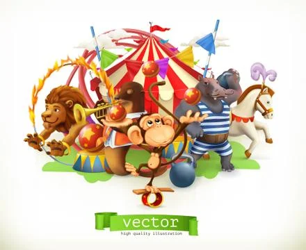 Circus, funny animals. Monkey, lion, horse, hippo. 3d vector Stock Illustration