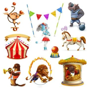 Circus, funny animals, set of vector icons, mesh Stock Illustration
