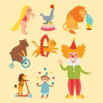 Circus funny animals set of vector icons cheerful zoo entertainment collection Stock Illustration