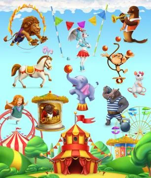 Circus funny animals, set of vector icons. 3d vector icon set Stock Illustration