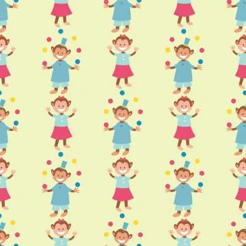 Circus funny performance monkey animal vector seamless pattern cheerful zoo Stock Illustration