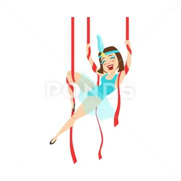 Circus Girl Acrobat In Blue Outfit Performing Acrobatic Stunt On Hanging Ribbons Stock Illustration