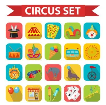 Circus icon set, flat, cartoon style. Set isolated on a white background wi.. Stock Illustration