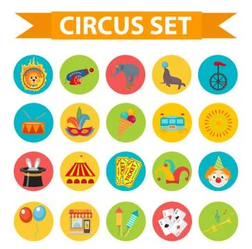 Circus icon set, flat, cartoon style. Set isolated on a white background wi.. Stock Illustration