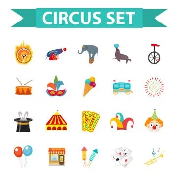 Circus icon set, flat, cartoon style. Set isolated on a white background wi.. Stock Illustration